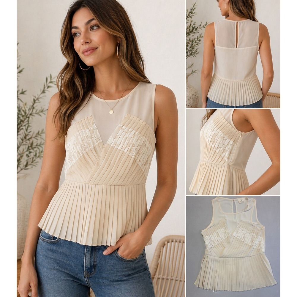 Pins and Needles Top Womens M Cream Pleated Lace Chiffon Peplum Sleeveless Sheer